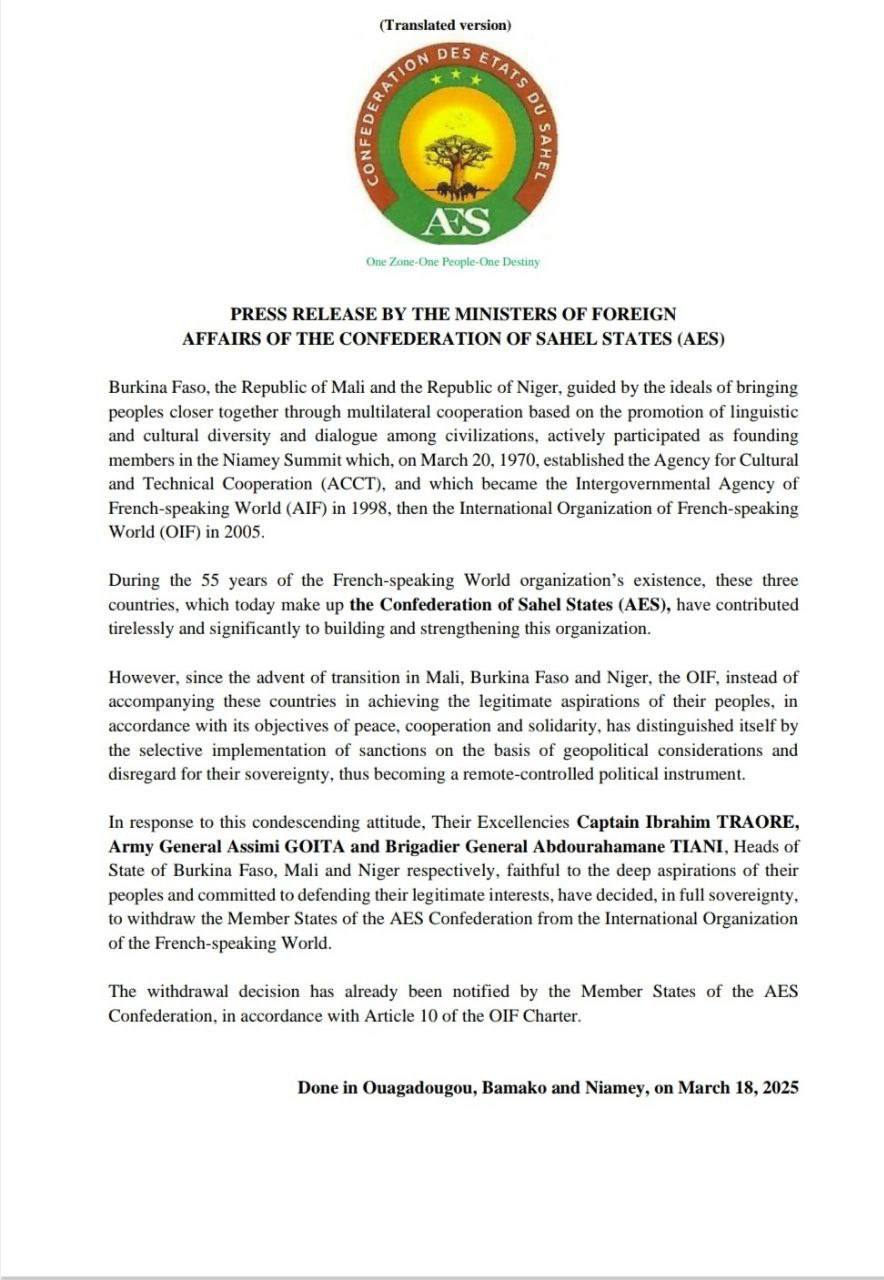 Mali, Niger, and Burkina Faso announce their withdrawal from French speaking countries