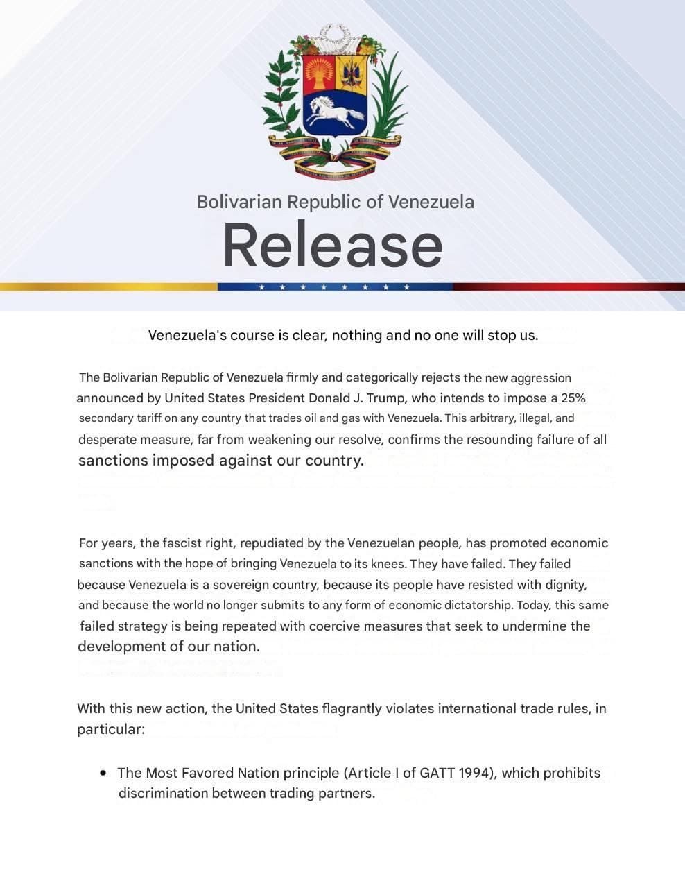 Venezuela slam U.S oil tariff as "arbitrary, illegal and desperate" 1 Venezuela slam U.S oil tariff as “arbitrary, illegal and desperate.”