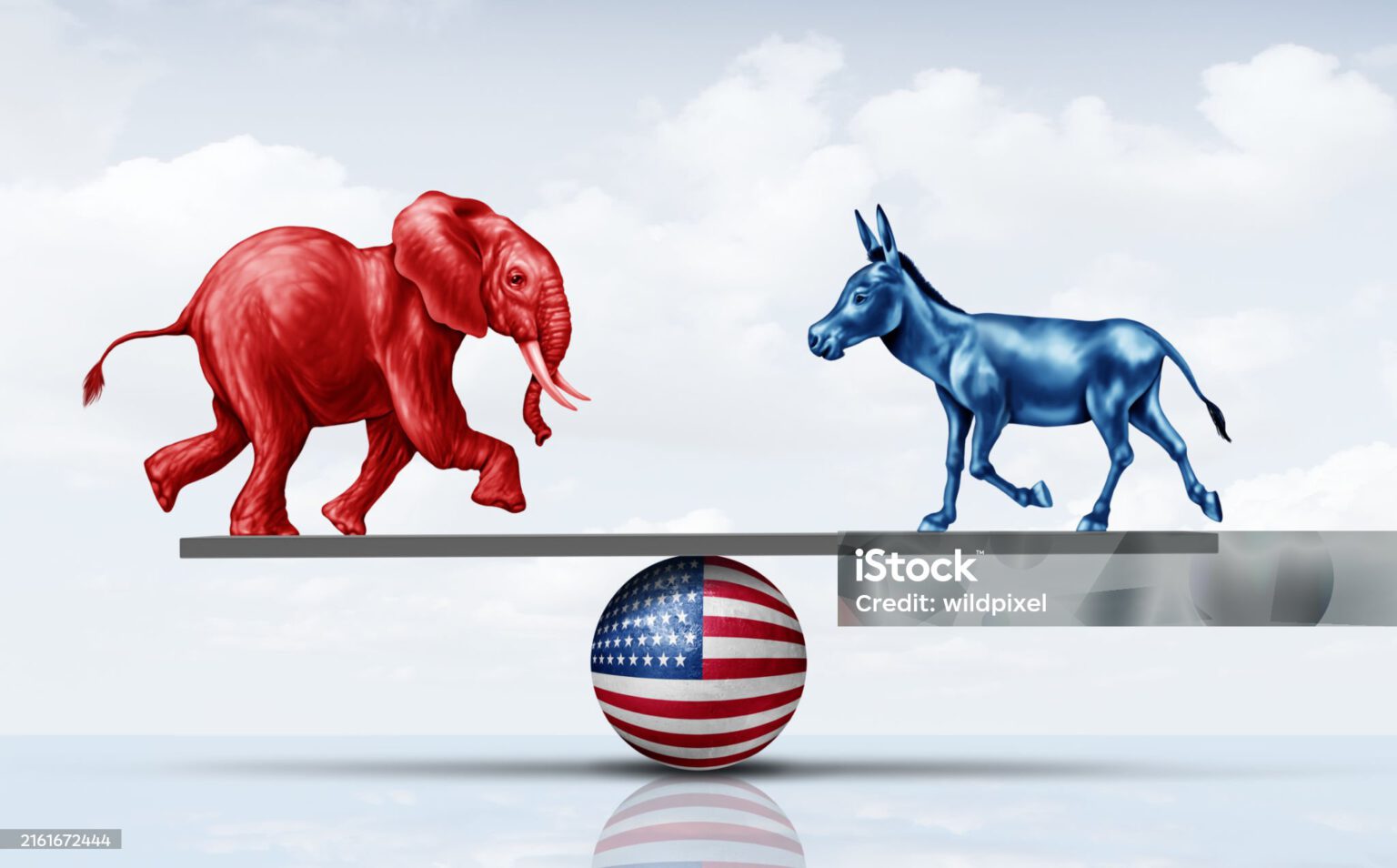 United States Political Balance Divided American political groups and United States culture war between conservative society and liberal ideas as an election debate.